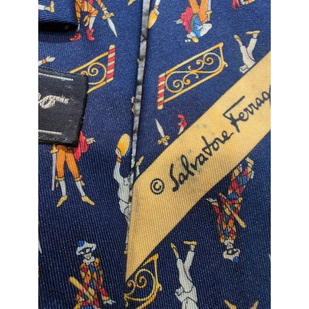 Salvatore Ferragamo Silk‎ Necktie Mens Harlequin Figures Blue Made in Italy